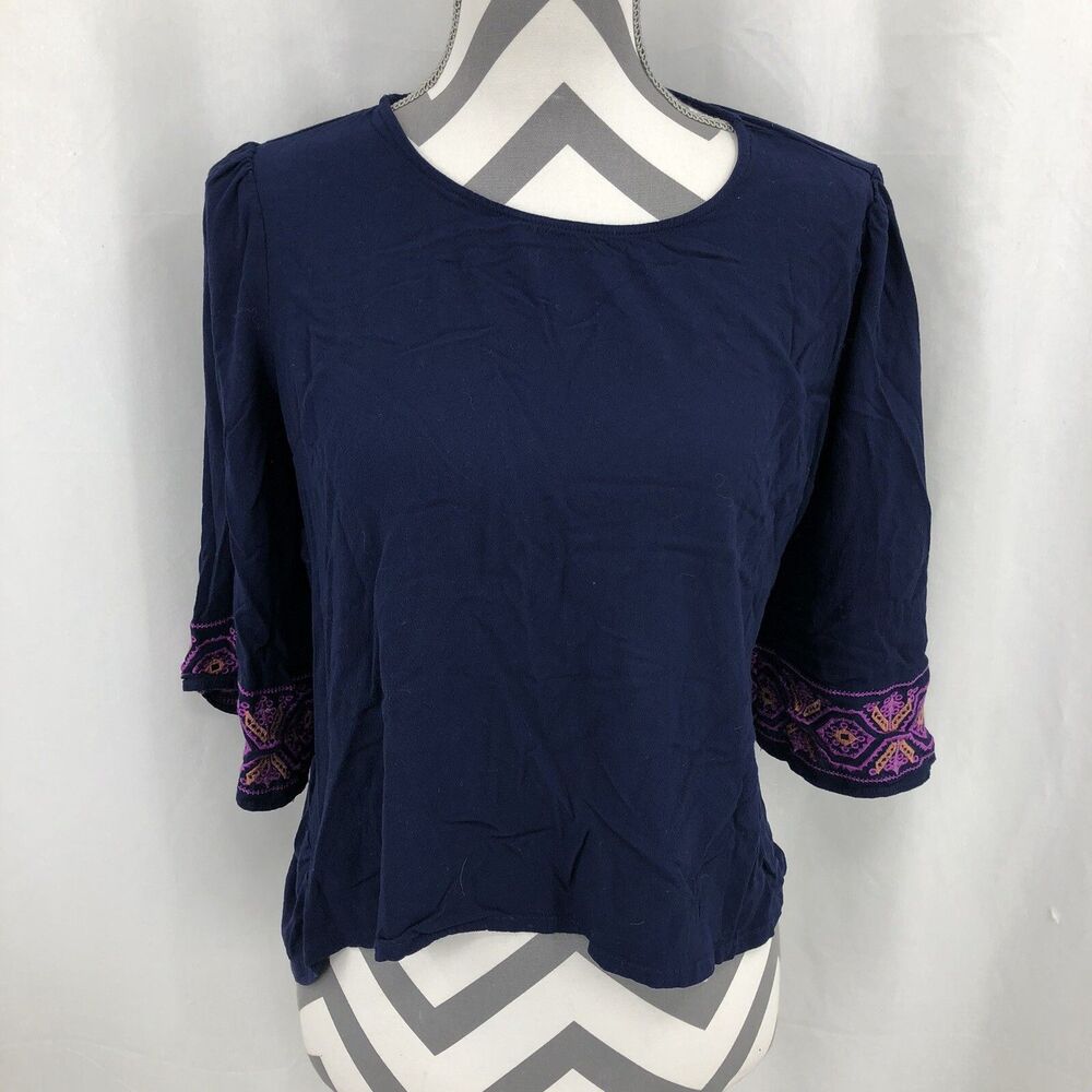 Skies Are Blue 3/4 Embroidered Sleeve Blue Hi Low Blouse 43953ST XL